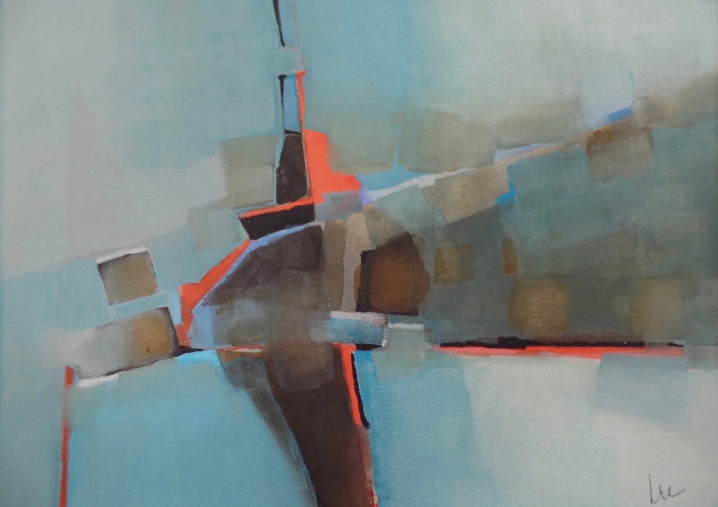   Transport  has fluid movements intersecting each other. It is a Watercolor/Gouache in turquoise, brown, beige and grey with highlights of orange/red and periwinkle. The artwork is 12"x16" and it comes in a white mat that is 16"x20". $400. 