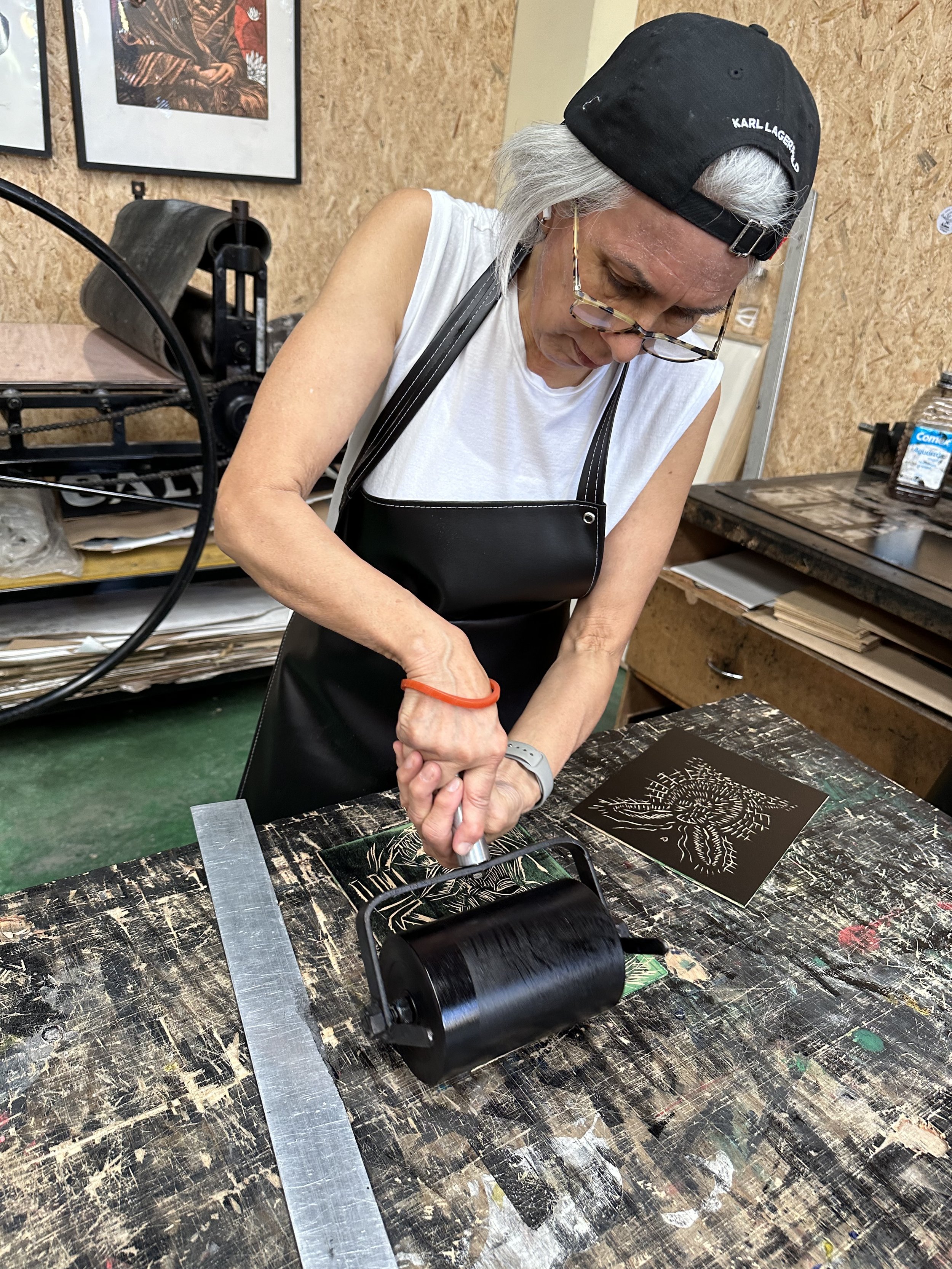 Terry working at Subterraneo Print Studio in Oaxaca, Mexicao  2024