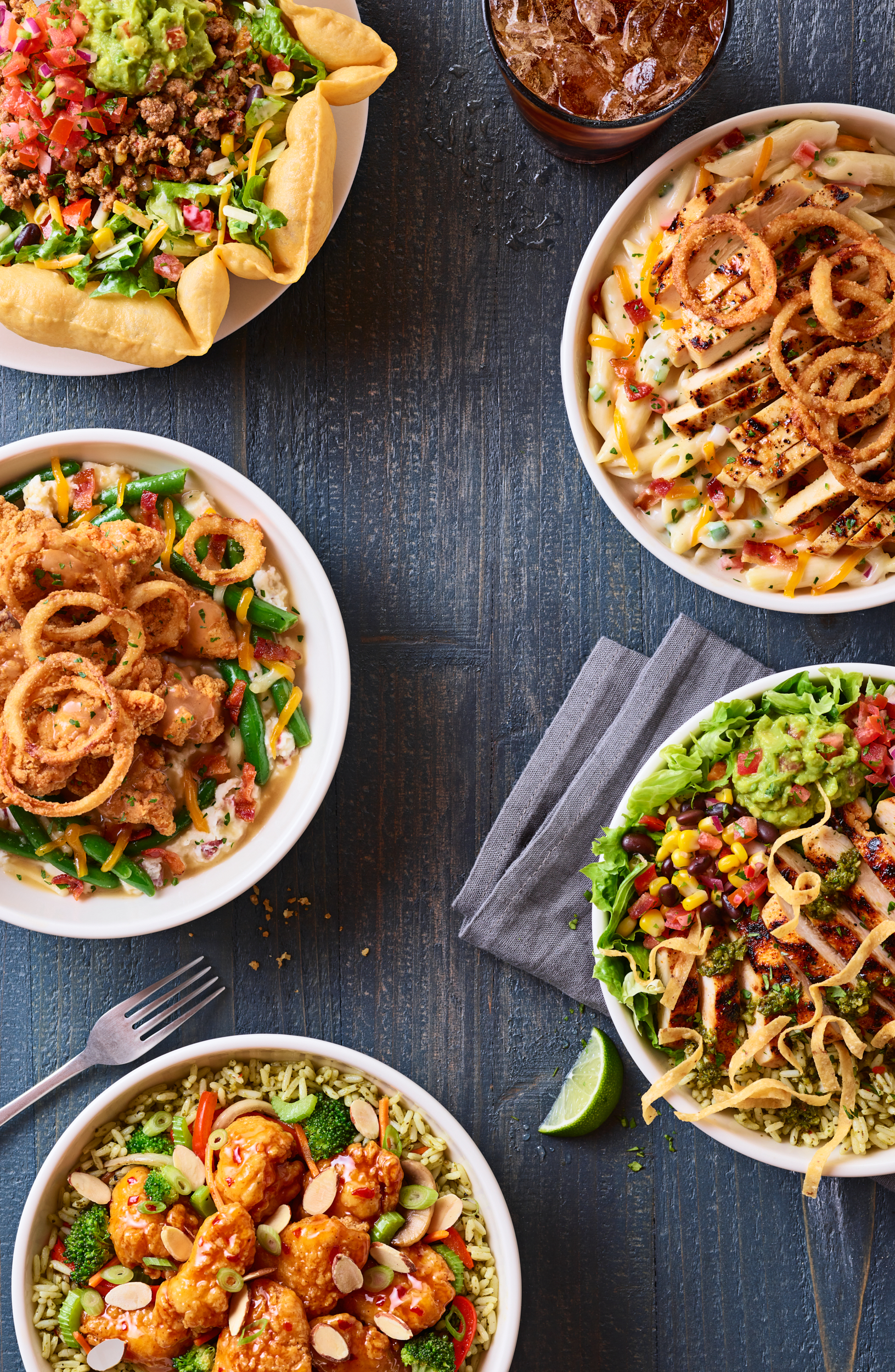 Taco Salad, Creamy Alfredo with Bacon and Grilled Chicken, Southwestern Steak Salad, Orange Chicken and Rice, Southern Fried Chicken and Mashed Potato. 