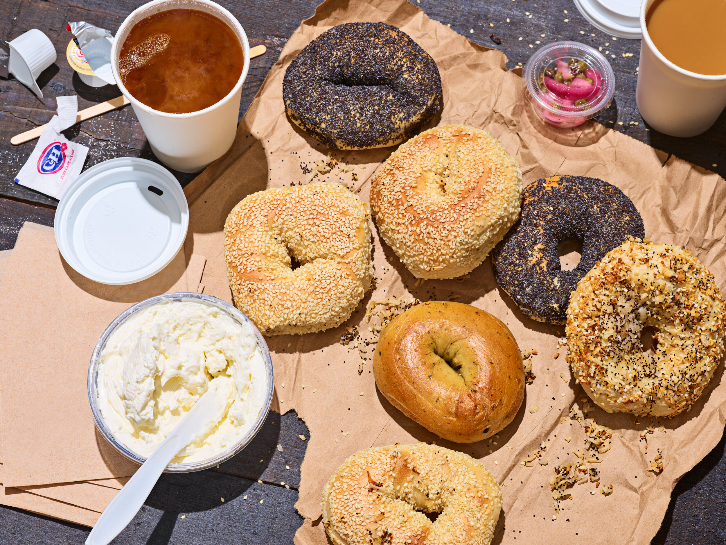 Bagels, cream cheese and coffee to-go from Los Angeles bagel shop.