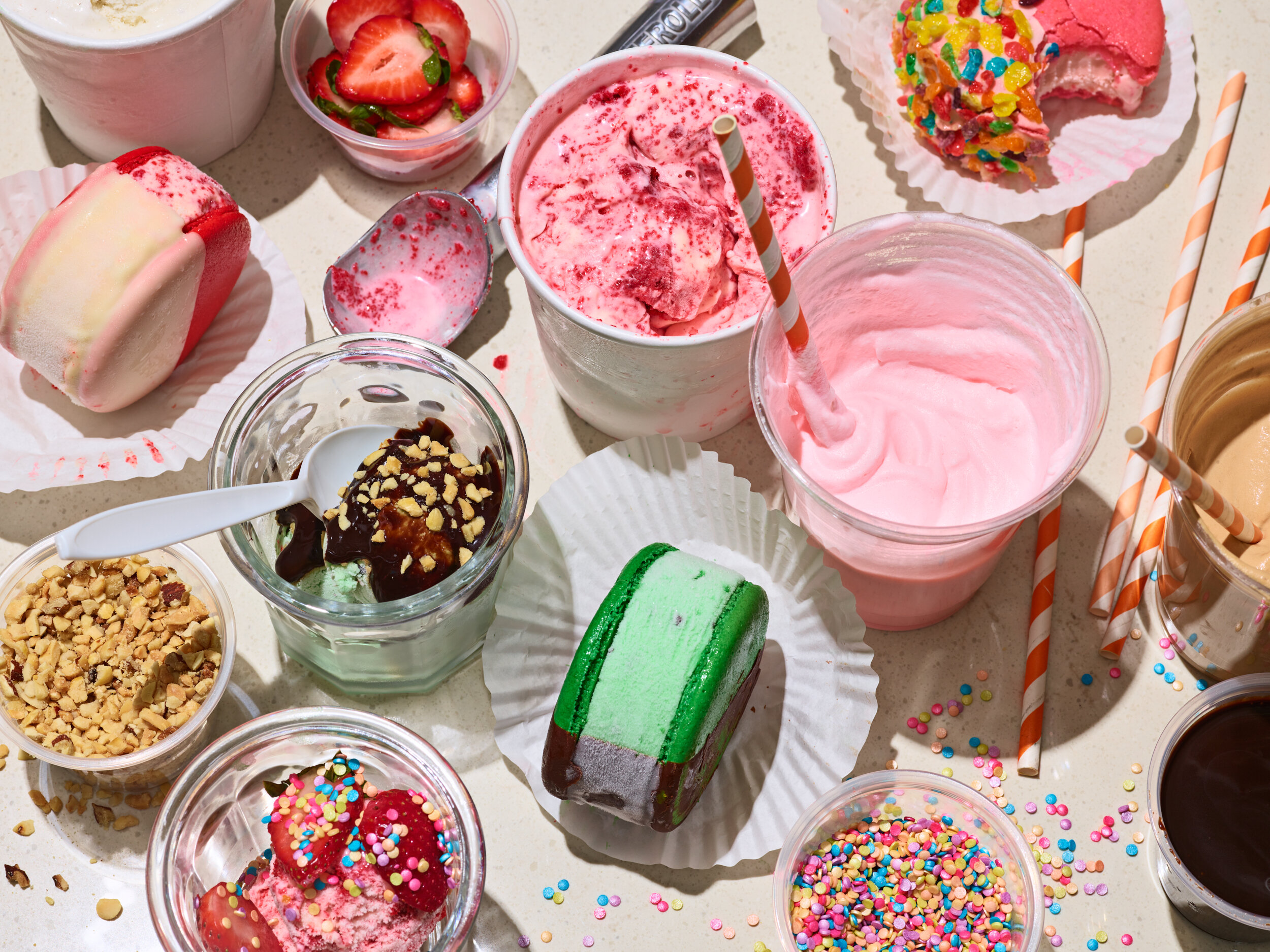 Various ice cream treats delivered from los angeles ice cream shop; ice cream sandwiches, pints of red velvet ice cream, milkshakes, sundaes.