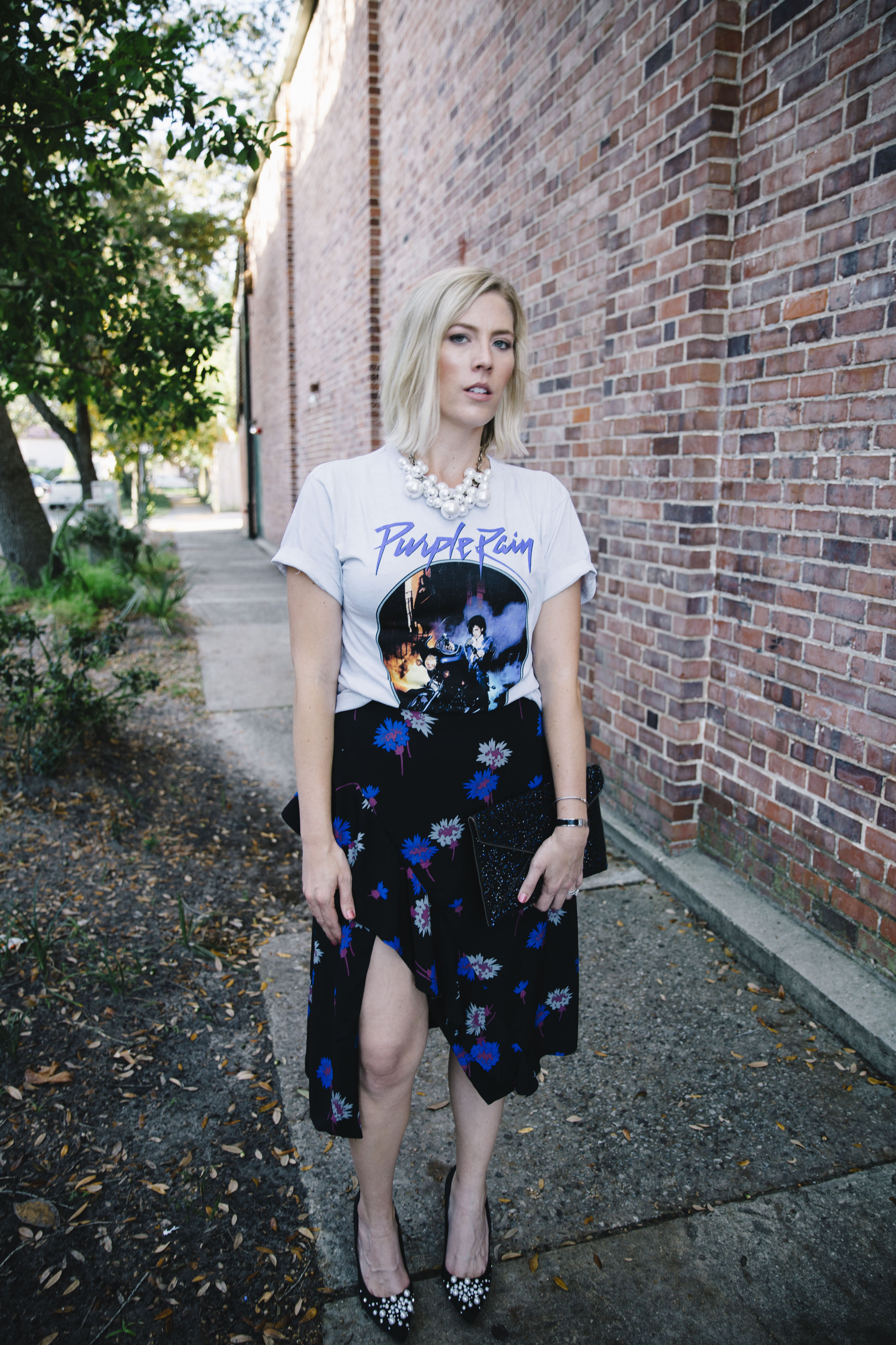 Graphic Tee and Floral Midi Skirt by fashion blogger Stephanie Mack of The Borrowed Babes fashion blog in Jacksonville, FL