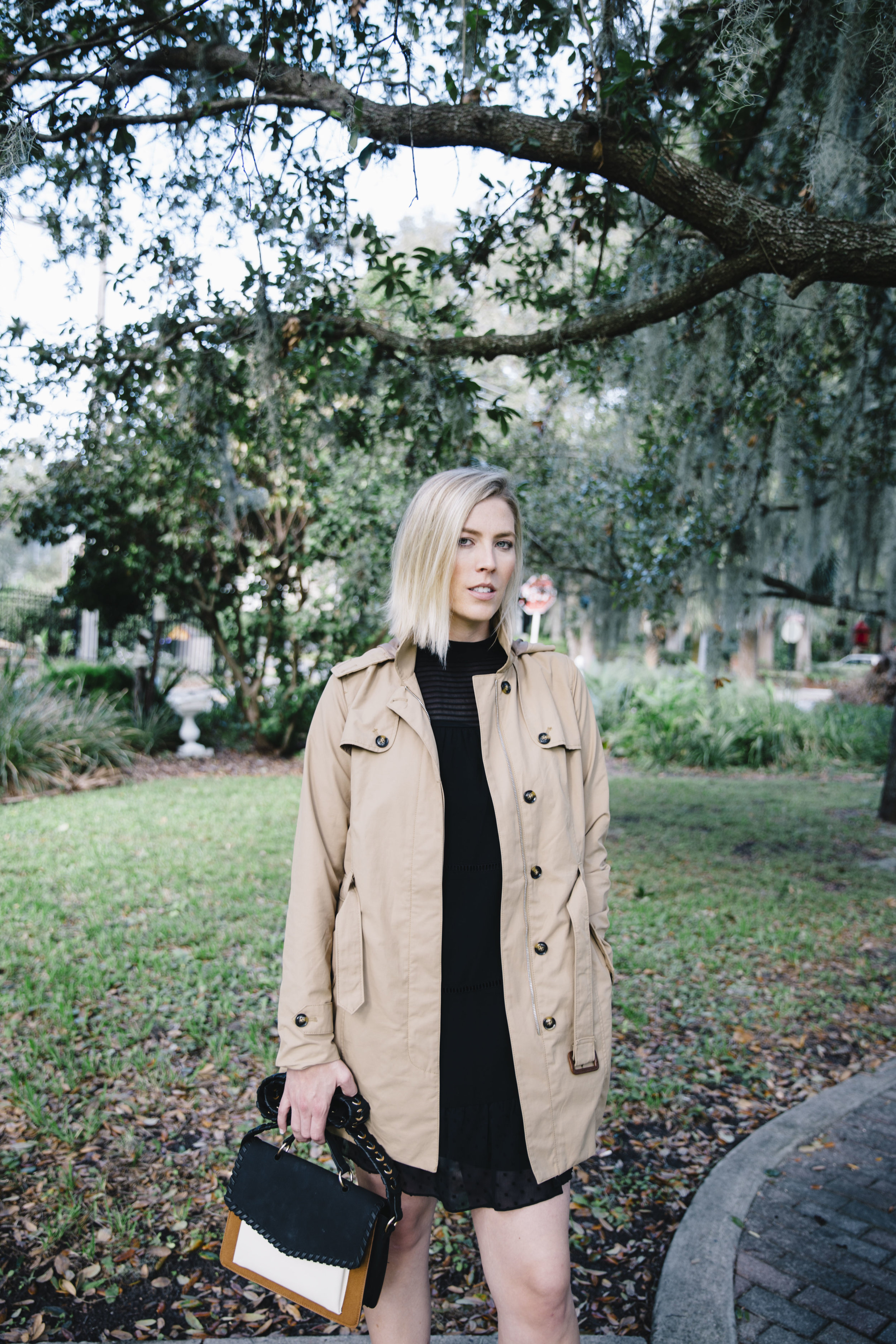 The Borrowed Babes Fashion Blogger Stephanie Mack Kearney wearing Target Style – A New Day Trench Coat with Who What Wear Dress and Handbag 