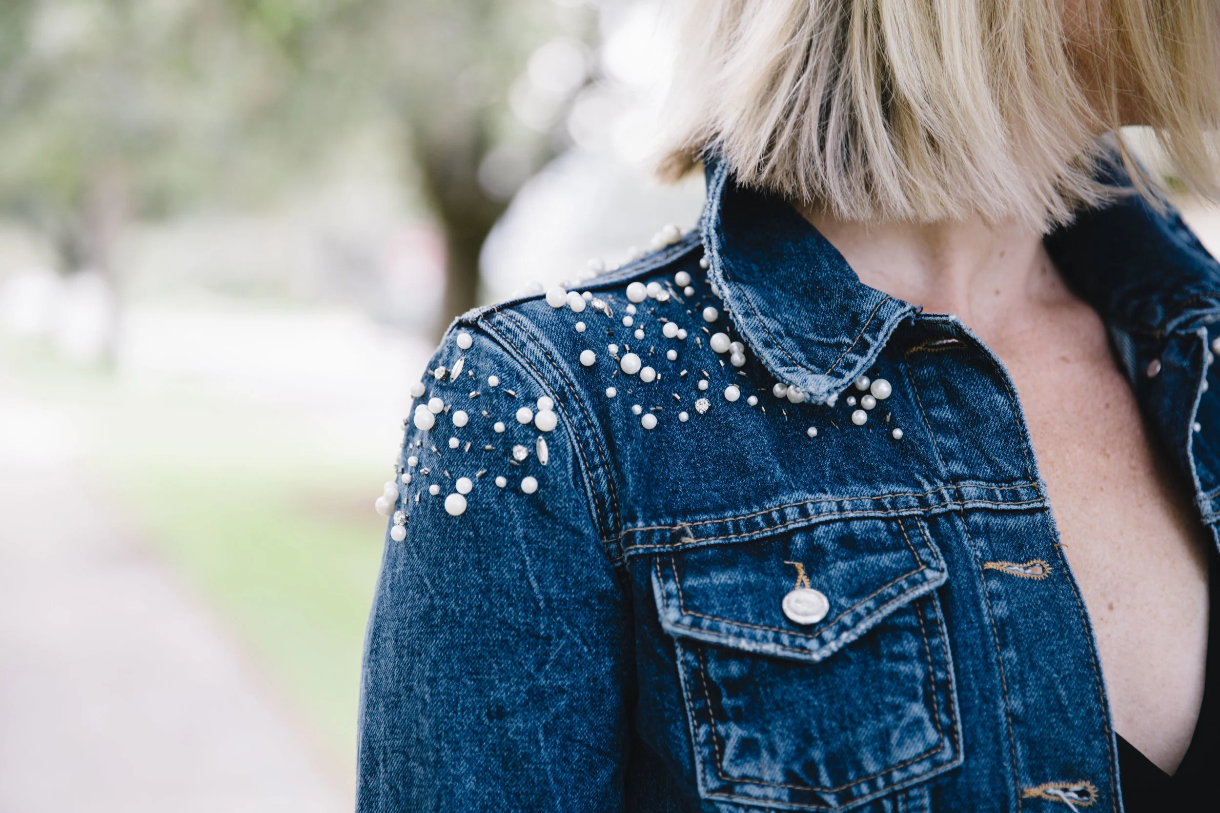 The Borrowed Babes Fashion Blogger Stephanie Mack Kearney wearing Anthropologie Embellished Denim Jacket with Cushnie Et Ochs Jumpsuit from Rent the Runway 