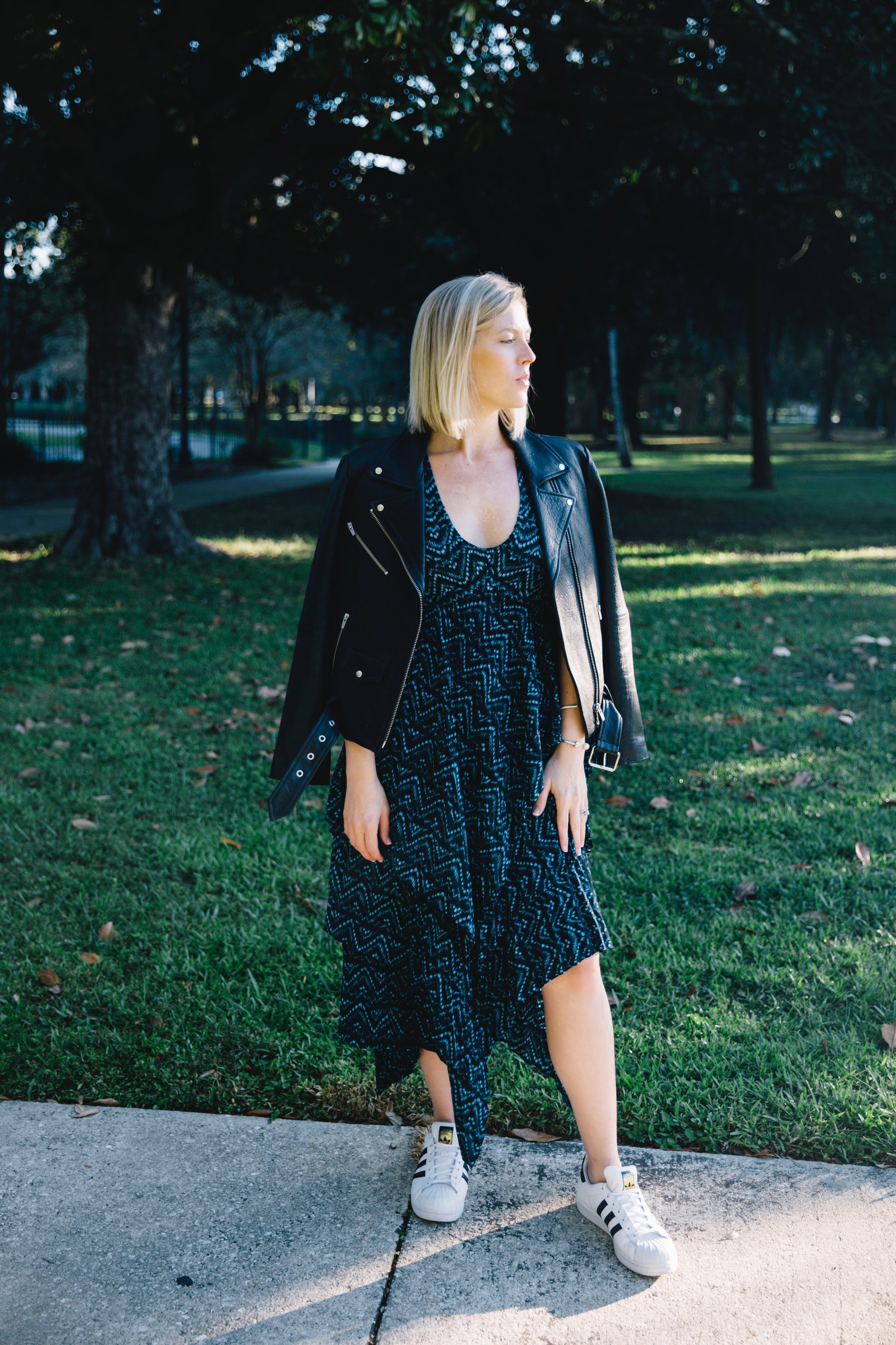 ALC Dress and Veda Jacket for Spring Style | What to Wear in Cold Spring Weather featured by top US fashion blog, The Borrowed Babes