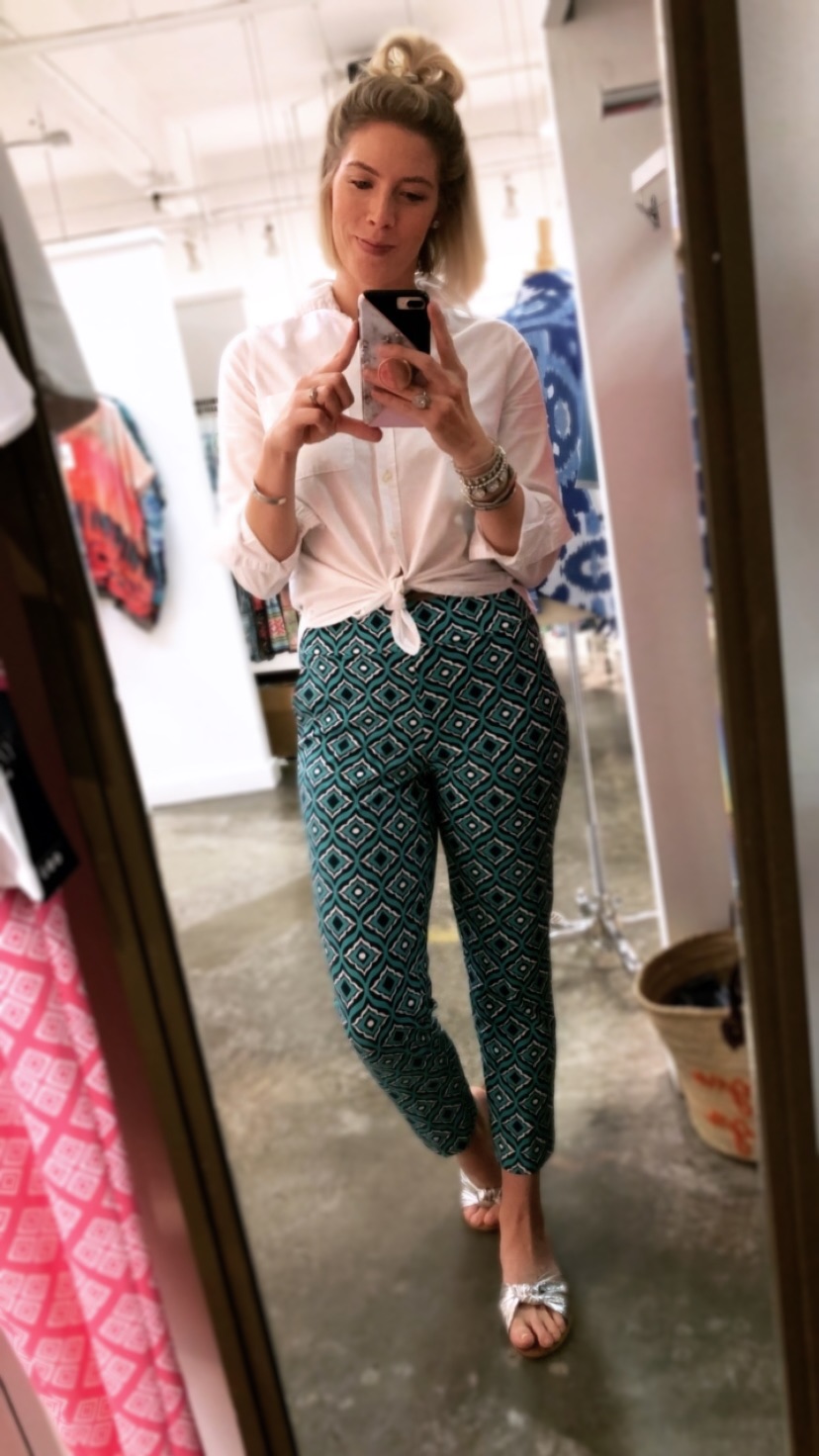 Panama Pant in Trevino Aqua Navy from The Katherine Way Resort 2018 October Collection worn by Fashion Blogger Stephanie Mack of The Borrowed Babes Fashion Blog