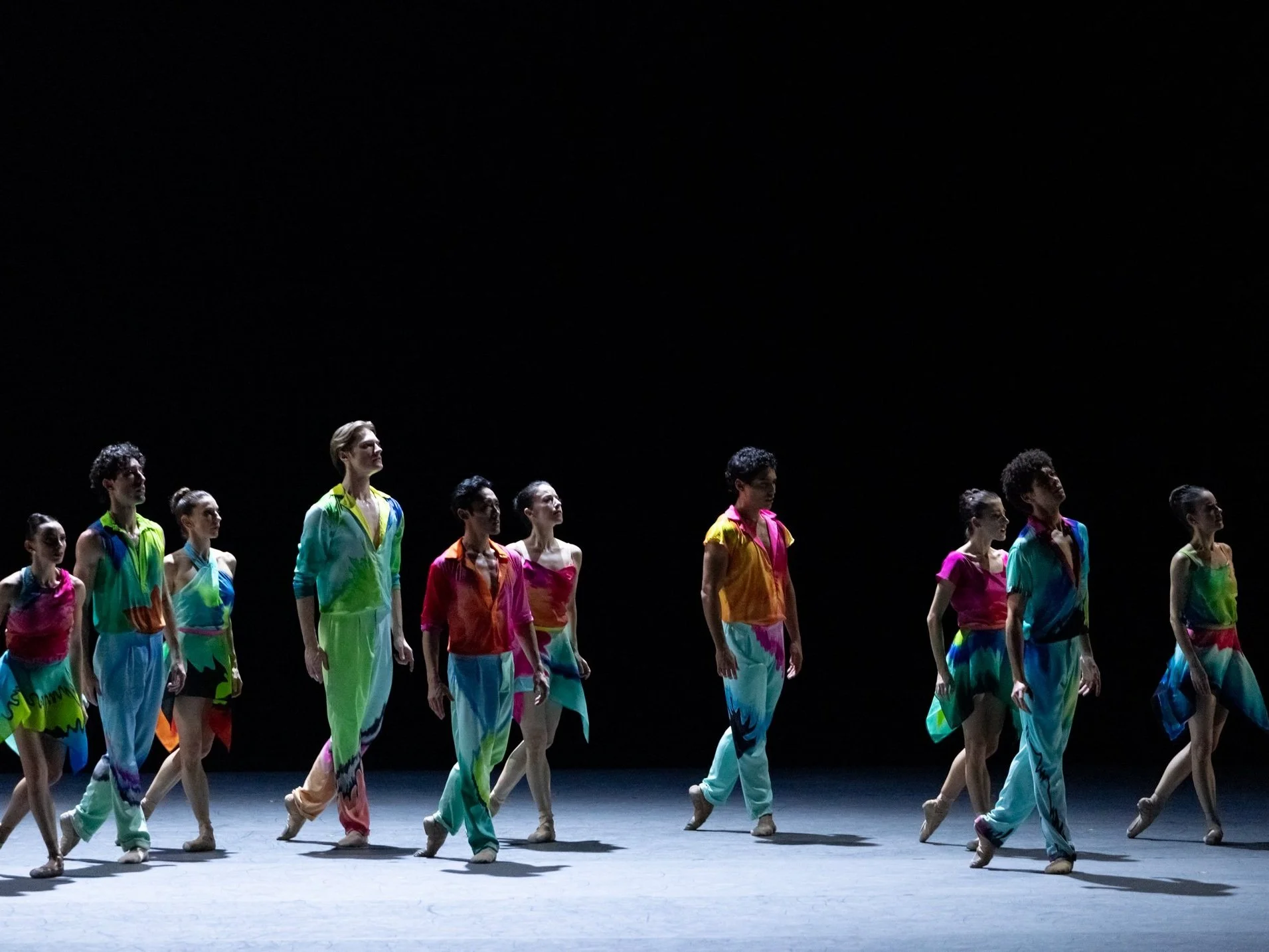 Hand-painted colorful silk costumes created by Spiridonakou and worn by Miami City Ballet dancers