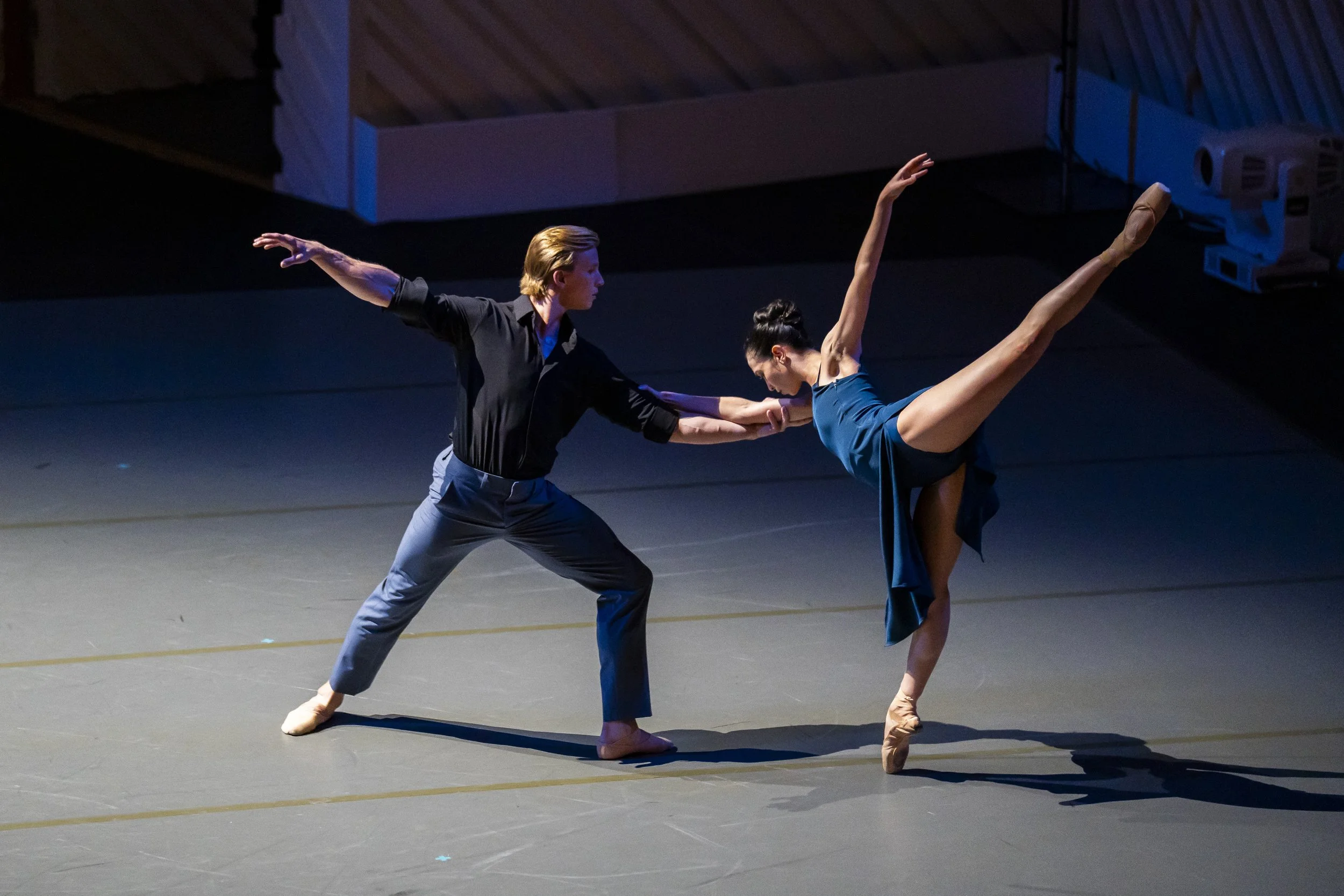 Miami City Ballet dancers wearing a Spiridonakou silk dress and suit with Brian Brooks choreography