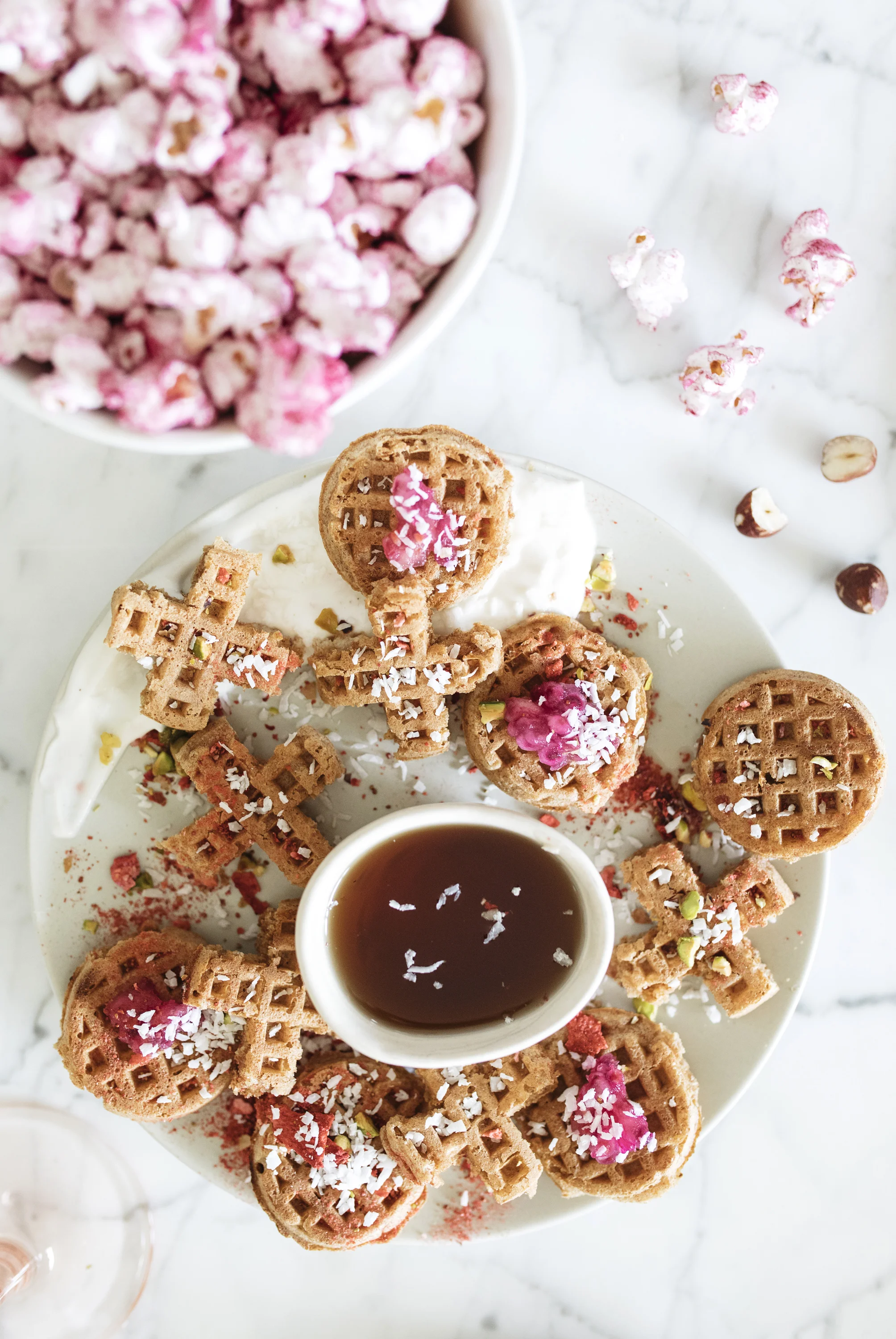 Waffles for a party! Mini waffles are one sweet and savory snack for galentines day brunch