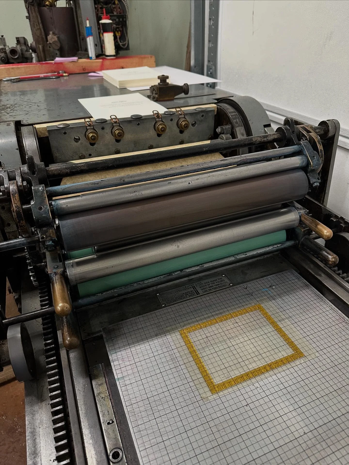 A bit of blind debossing in the shop today. Tomorrow is our Intro to Letterpress Printing Workshop!