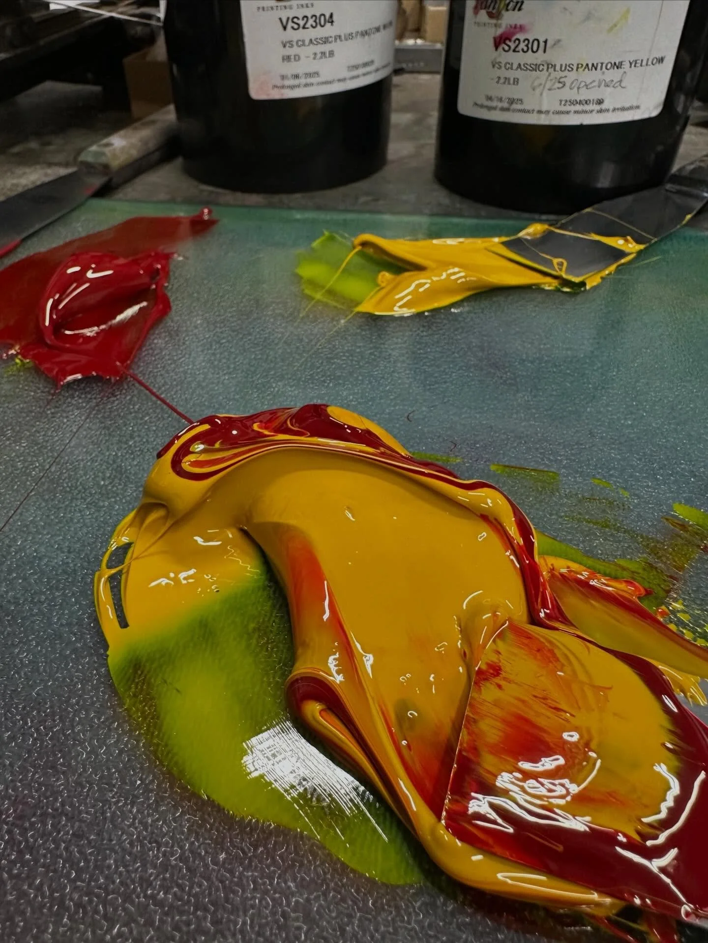 Color is hard. It takes practice to custom mix printing inks. And while I&rsquo;ve done it thousands of times, I always enjoy seeing that specific hue emerge from the chaos. #letterpress #letterpressprinting #letterpresslove