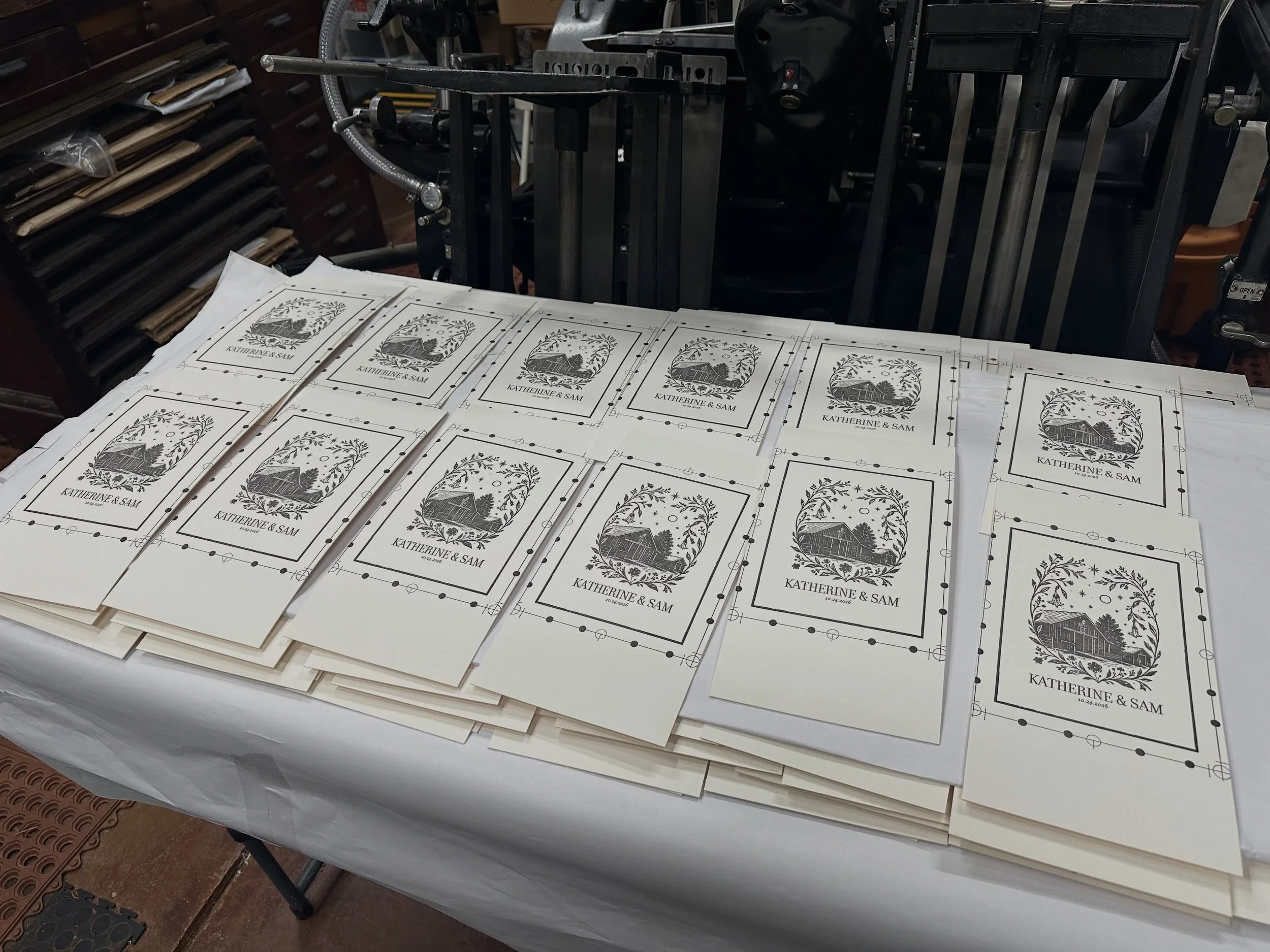 Another Fall wedding on the press today! Love this striking, rustic design. Double-sided on luxuriously thick cotton stock. Perfect for showing off letterpress. #letterpress #letterpressprinting #letterpressinvitations #charlotte