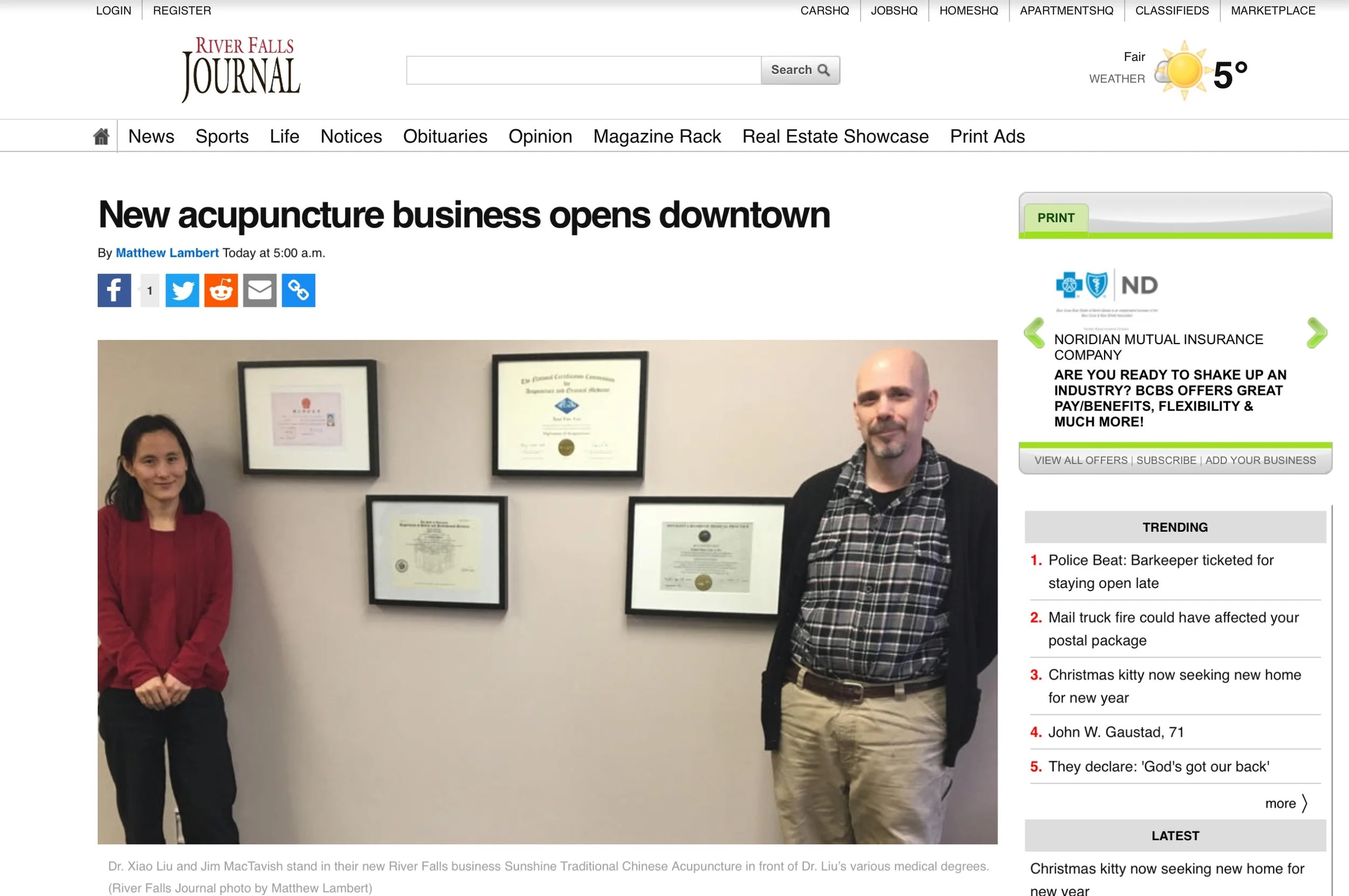 River Falls Journal, "New Acupuncture Business Opens Downtown" by Matthew Lambert 5 January 2017