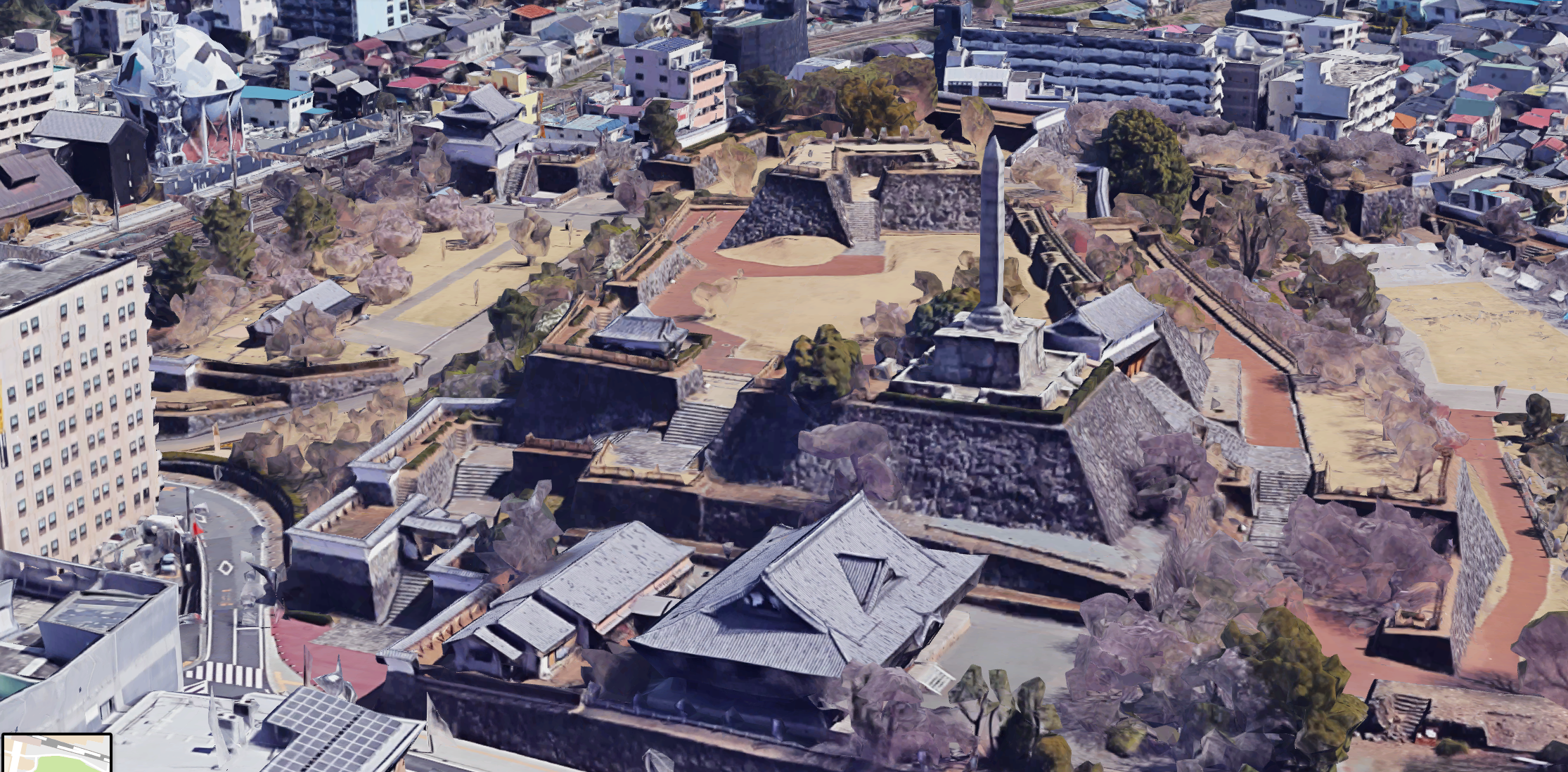 The ruins of Kofu Castle (with some newer structures) where much of the action takes place in Headless