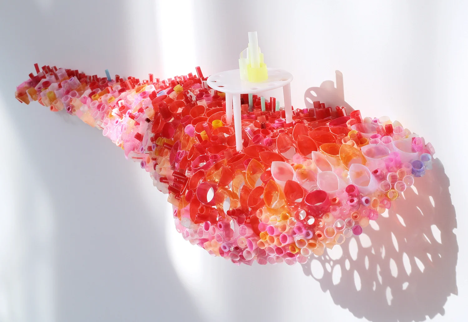 Fire Fungus Bluff Plastic drinking straws, Pearler Beads, plastic pizza ring 5" x 16" x 4"