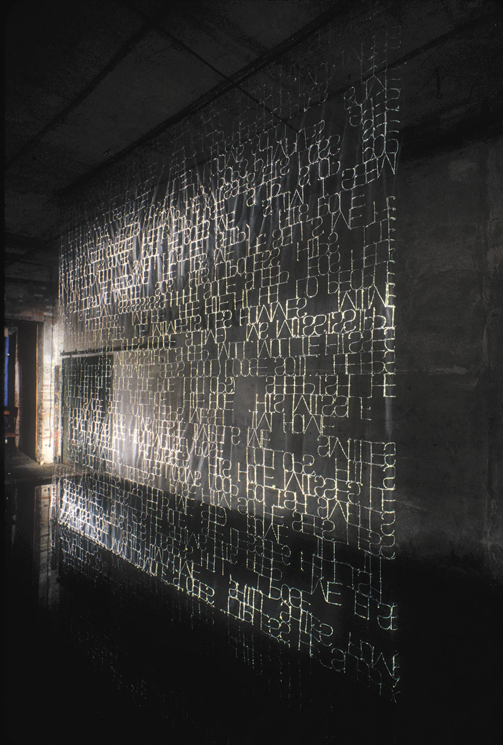 She's So Simple II Site-specific installation above the reflection pool at Galapagos Art Space, Williamsburg, Brooklyn, NY. Reflective embroidery thread is hand sewn into black transparent nylon mesh. The piece hangs upside down and backwards. In the reflection the viewer can read the sewn poetry created from the letters from the phrase "she's so simple." During the day the piece is nearly invisible. A recording of manipulated versions of my voice reading the text accompanies the installation. 15' x 16' (night time shot)