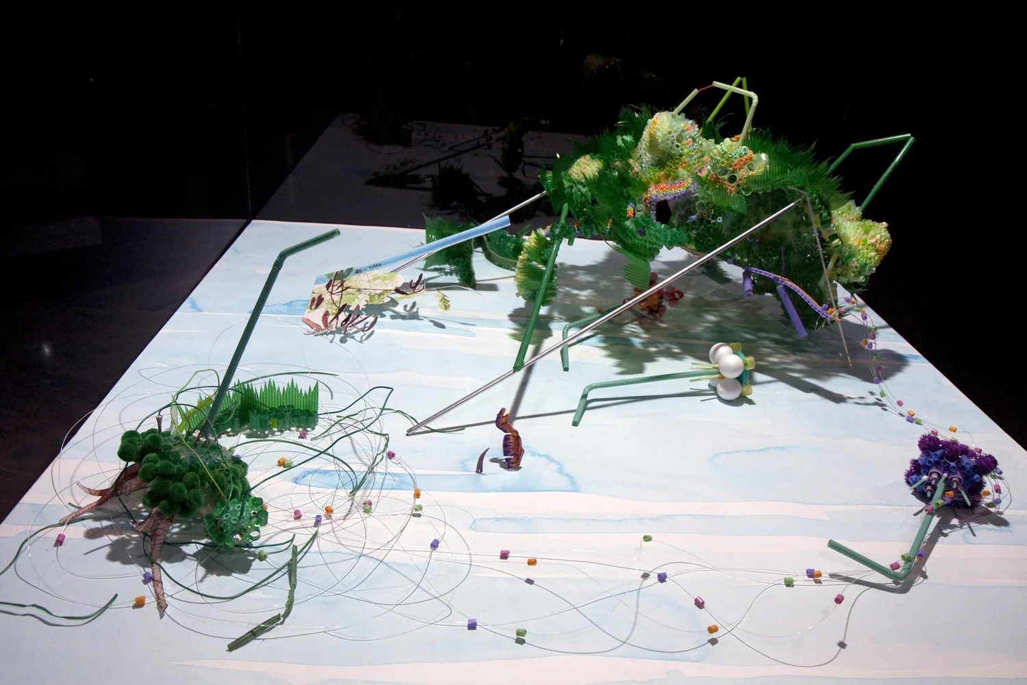 Varian Sea Revisited Cut drinking straws, multi-colored polymers, pompoms, wire, watercolor on paper