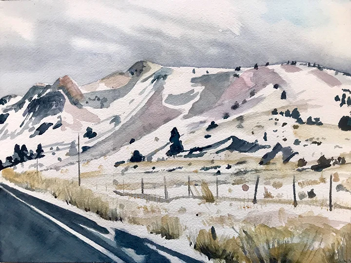 Oregon Highway 31, 9x12”, watercolor on paper, for purchase please contact https://www.redfoxartgallery.com/