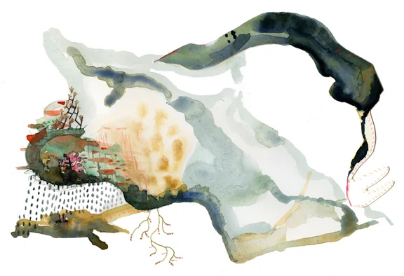 PCT: Blue SOLD, Watercolor, pen, and collage on paper, 9"x12"
