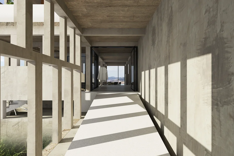 Ramping up from the side, the terrazzo pathway runs along rhythmic narrow openings in the façade and through a large rotating metal and glass door, arrives at a slightly elevated platform, then thickens facing a large central opening, to receive a large seating area.