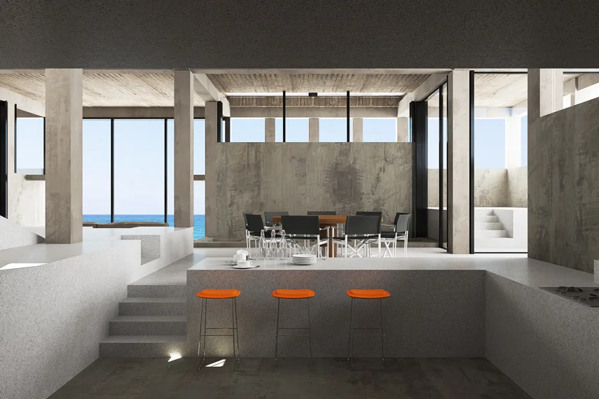 To the right, the terrazzo falls and encircles a sunken kitchen area, forming its countertop.