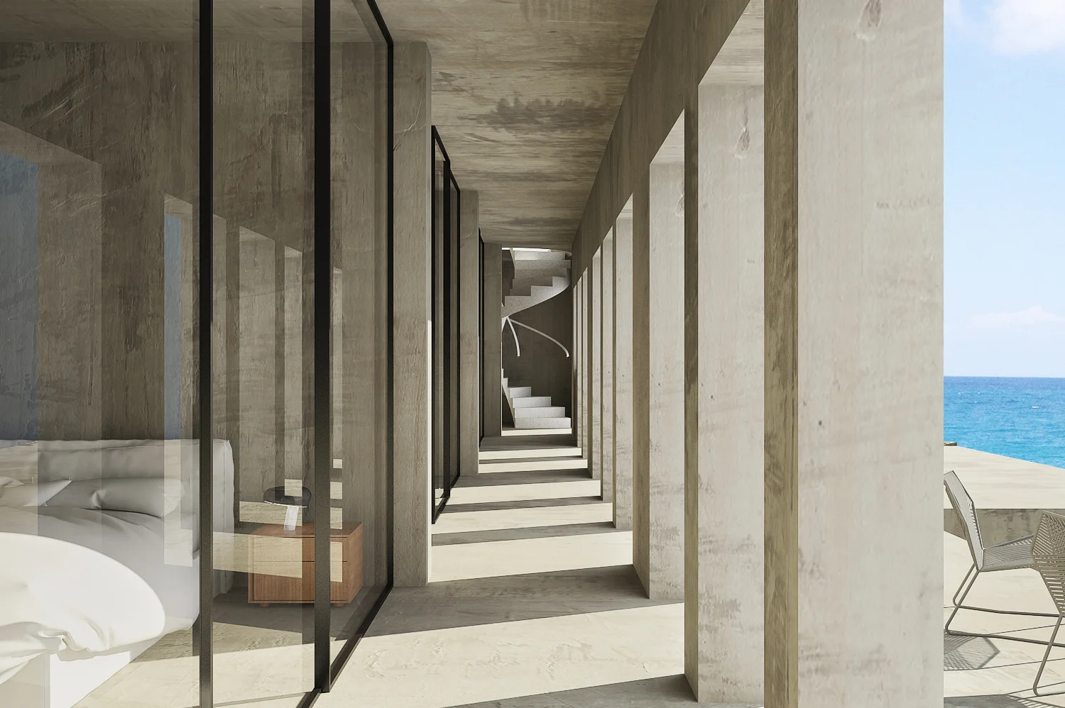 Below, at the bottom level closest to the sea, three visitor bedrooms line behind an open colonnade, ending with a sculpted spiral terrazzo staircase that leads to the main entrance ramp above. 
