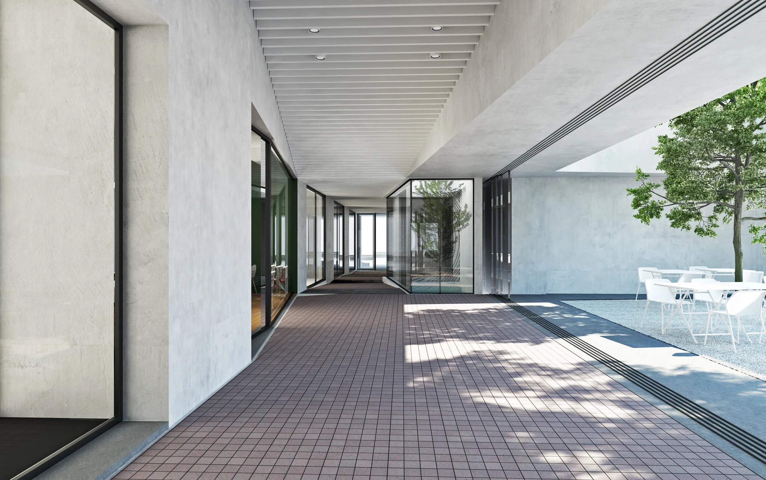In between, an open and airy circulation blurs the edges of the inside and the outdoor to bring the experience of the pool and landscape to the entire project. Imagined as a long souk, the circulation is dotted with courtyards within and alongside its covered enclosed passage, and articulates the different functions of the program on either side.