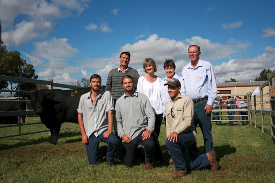 Top priced bull Koojan Hills Upshot K109 with new Koojan Hills owners Tim, Richard, Chris, Christine Metcalfe and farm manager Cody Shilling alongside Pam and Lew Smit.