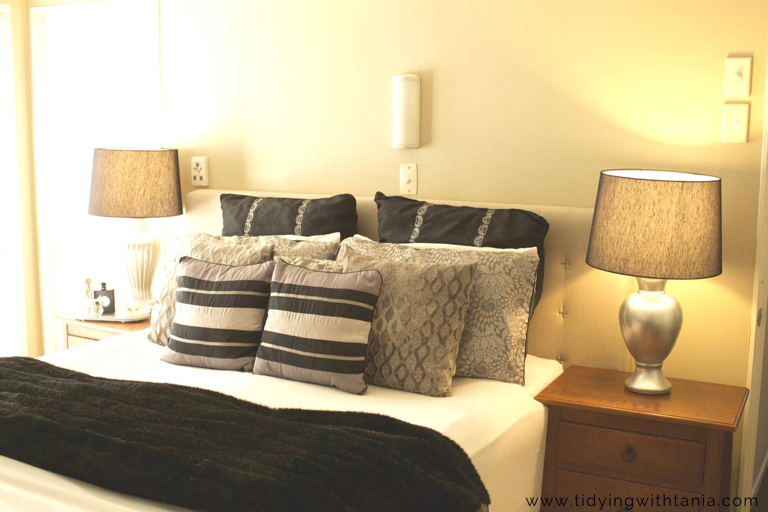 Master bedroom with new headboard and lamps