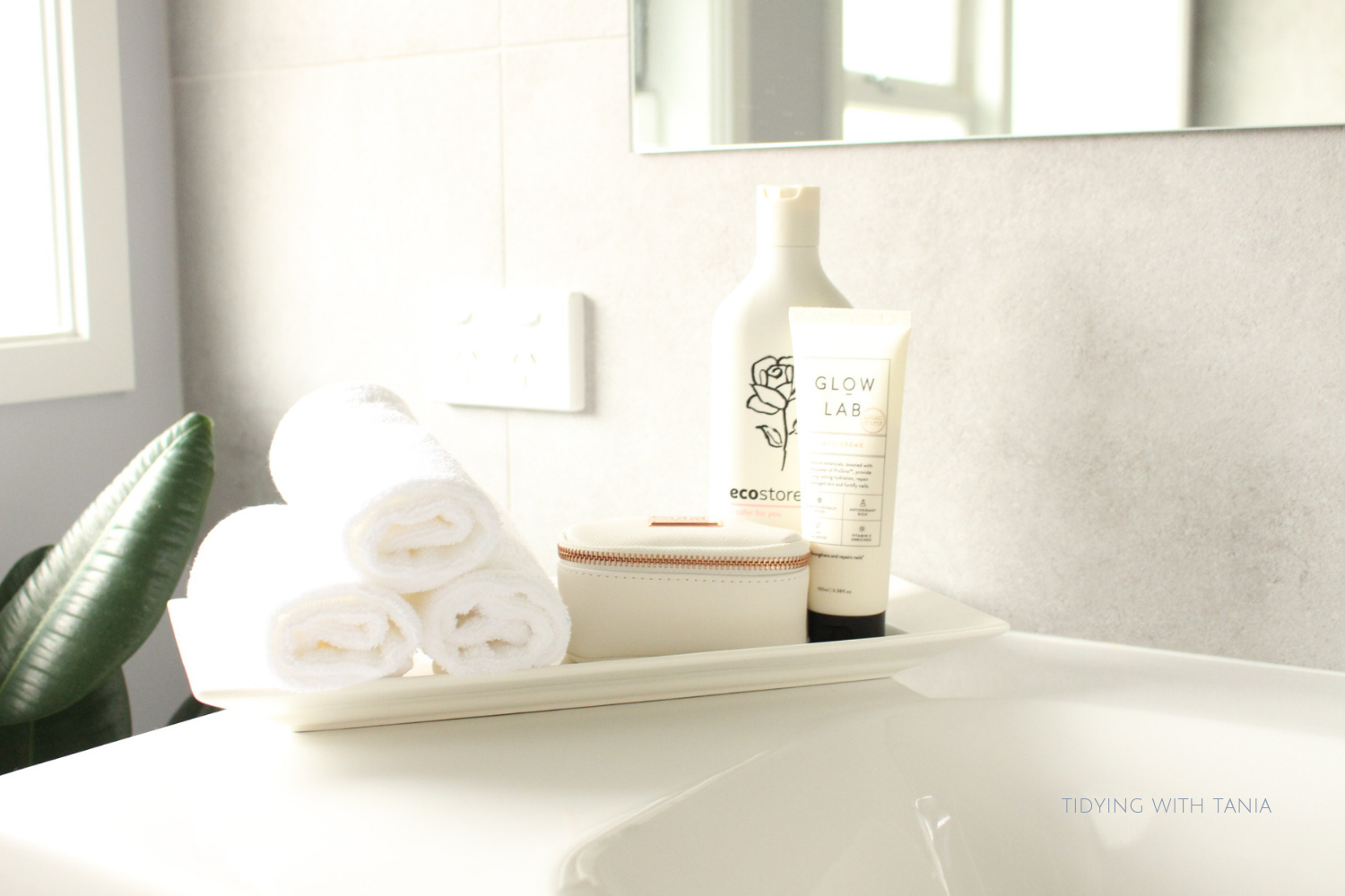 Skin care supplies on tray in bathroom.png
