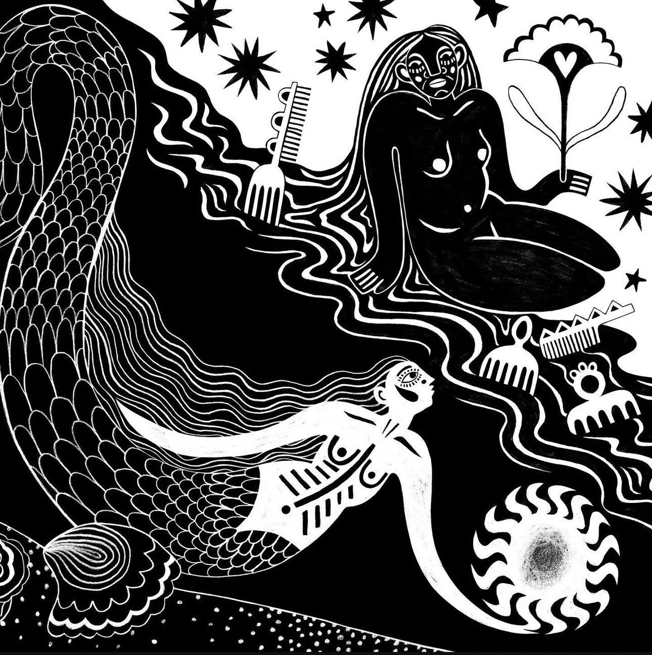 "Purple kelp sways between green-leafed trees. Cars float like river logs. The tide totes watermelons."