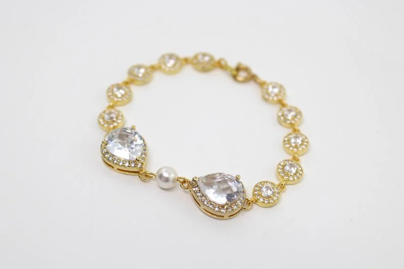 Gold Bridal Bracelet with Cubic Zirconia, Silver Wedding Bracelet