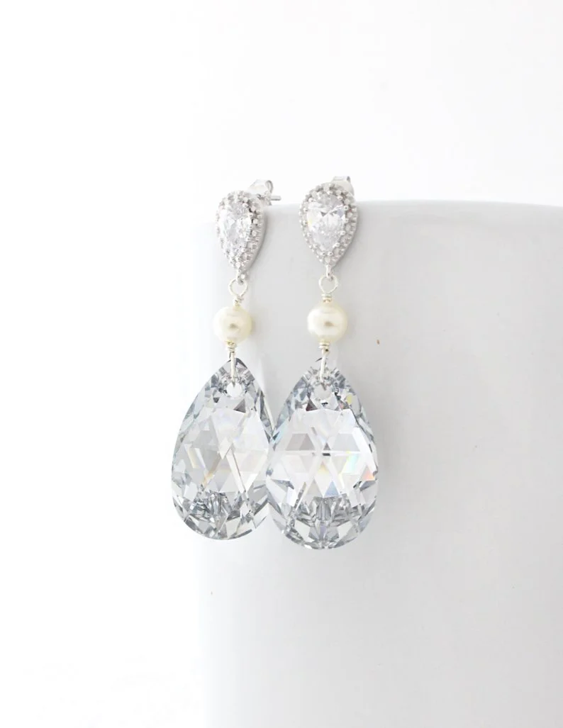 Large Swarovski Crystal Bridal Earrings, Pearl Wedding Statement Jewelry