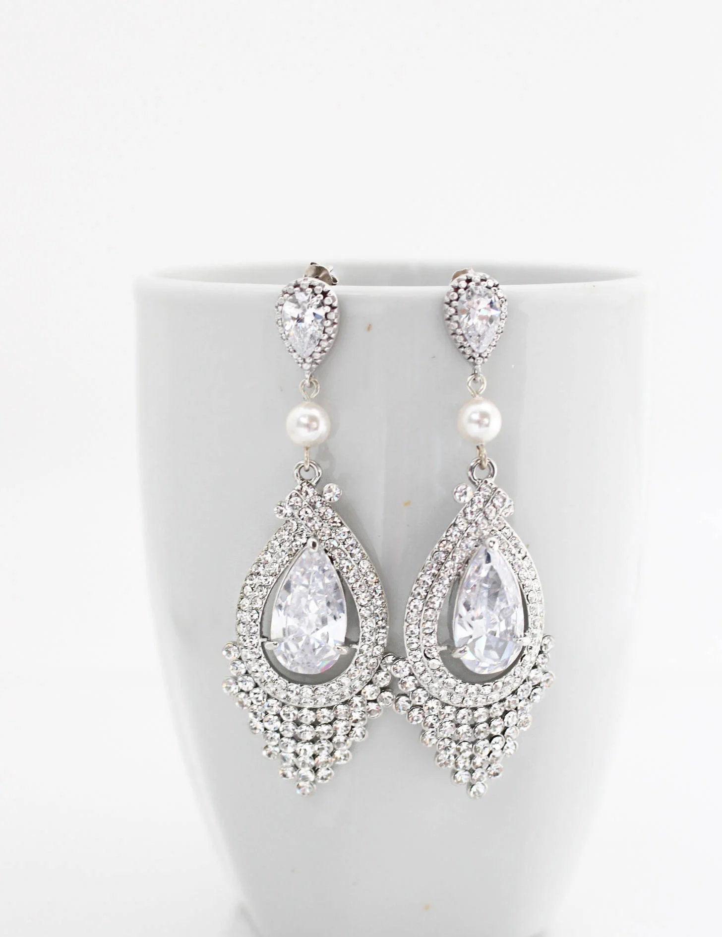 Wedding Chandelier Earrings with Pearls and Cubic Zirconia, Great Gatsby Style