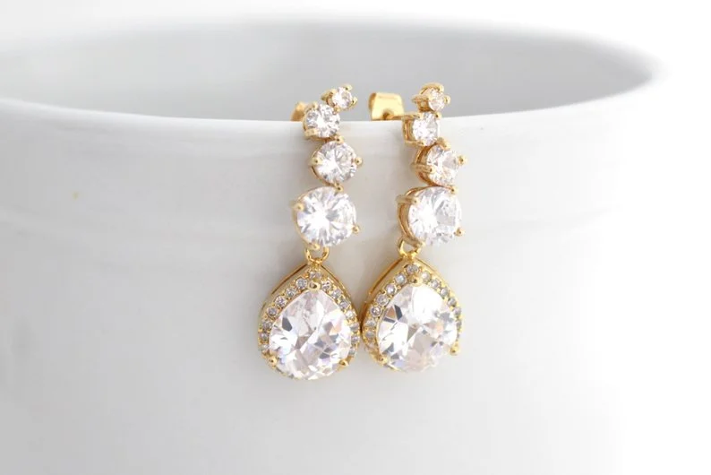 Luxury Gold Bridal Earrings, Clear Teardrop Cubic Zirconia Wedding Jewelry Silver