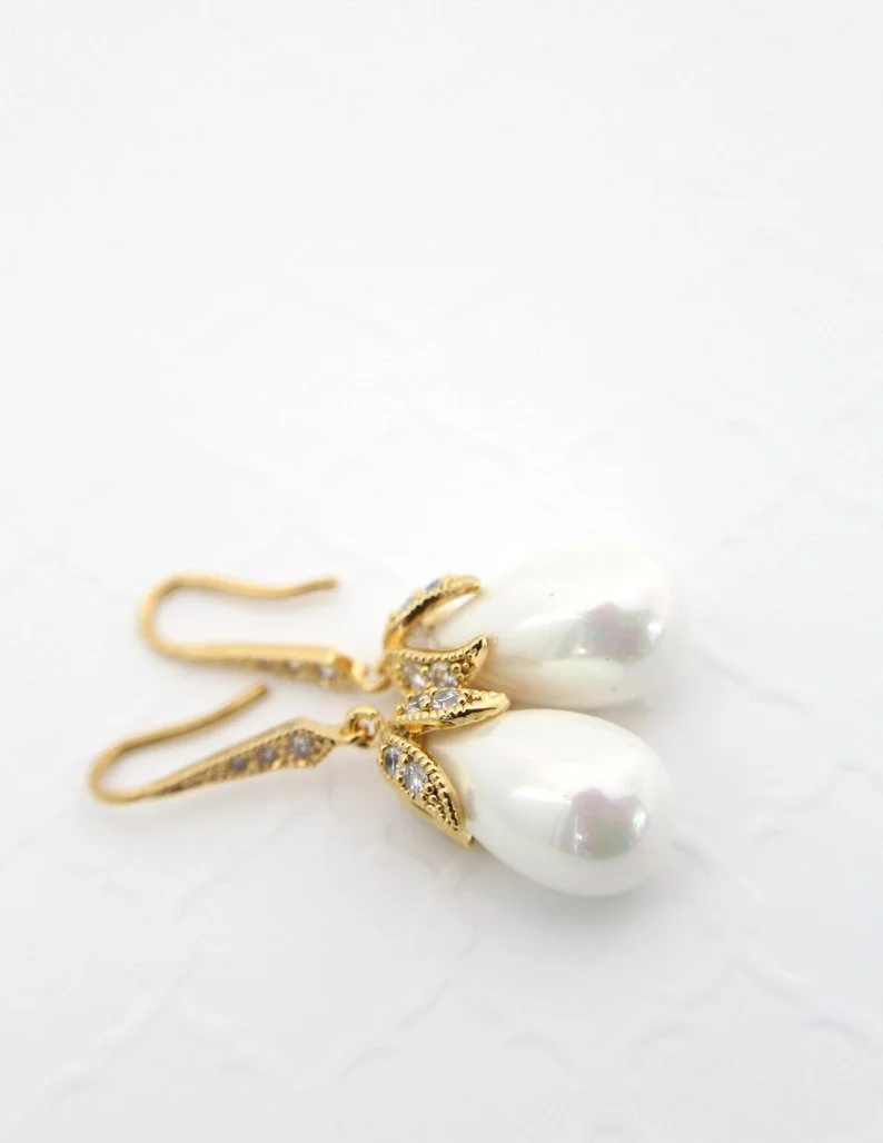Gold Bridal Pearl Earrings, Teardrop Wedding Jewelry Gold or Silver