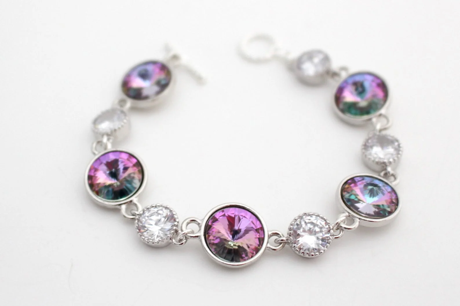 Lavender Wedding Bracelet, Pink and Teal Wedding Bracelet, Vitrail Light Swarovski Bracelet, Rivoli Bracelet, Cubic Zirconia Bracelet, Bride