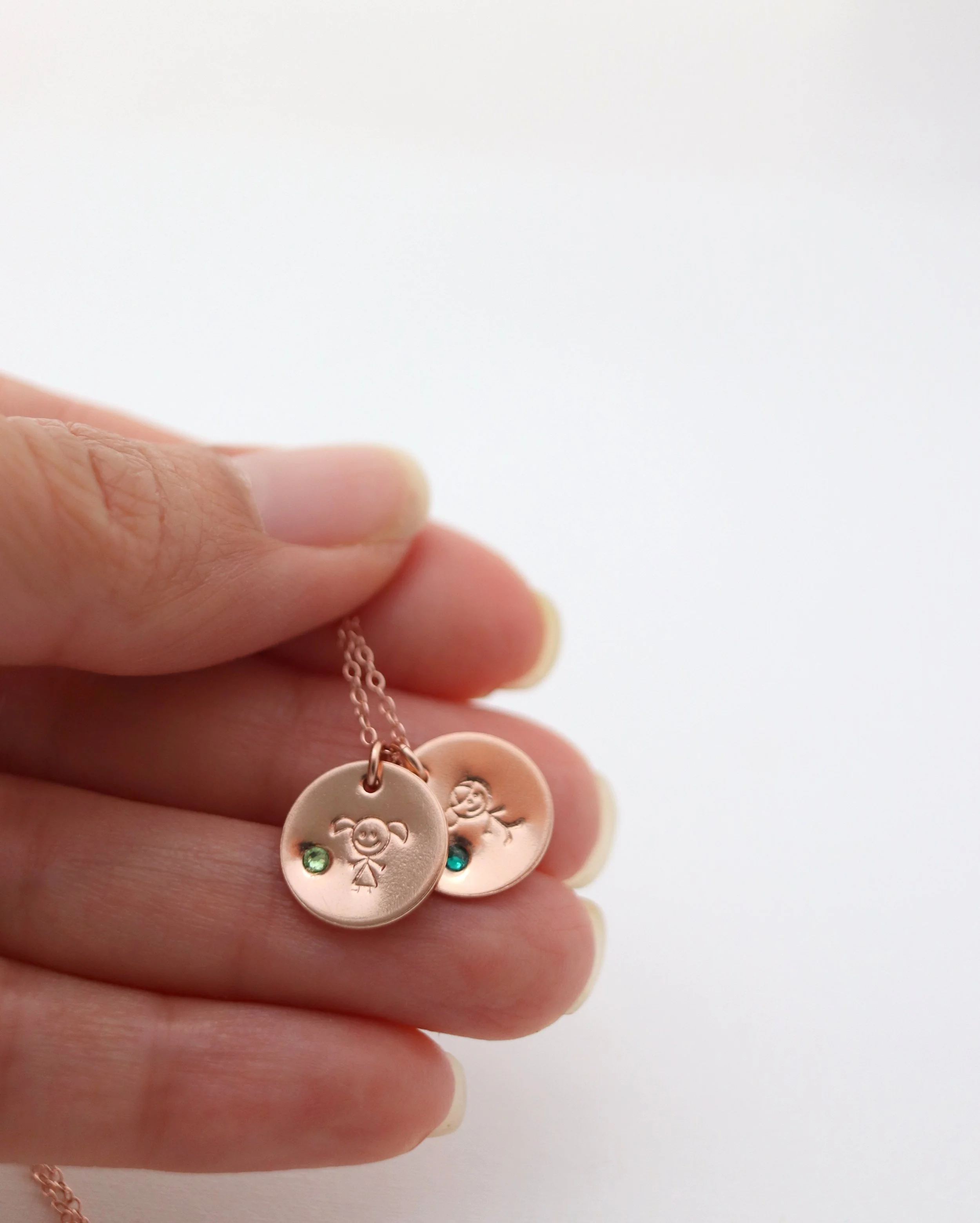 Birthstone Disc Necklace with Stamped Stick Figure