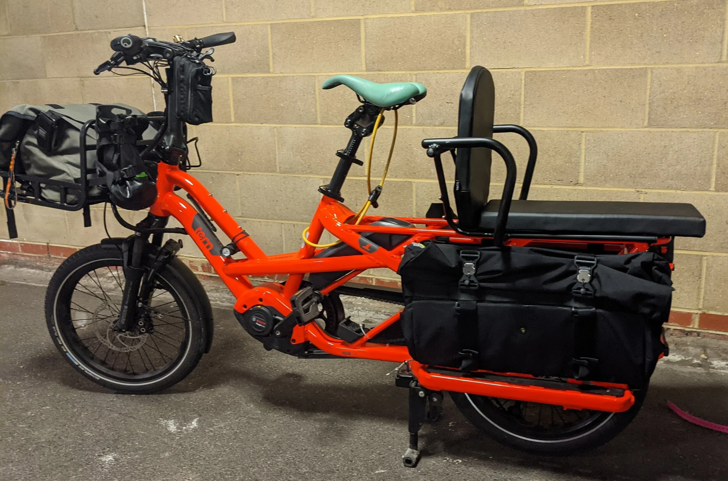 Tern GSD with rear facing seat configuration for filming purposes.