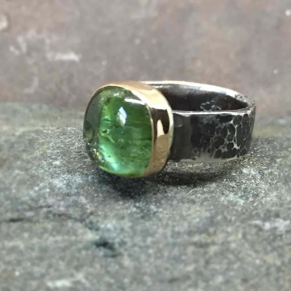 Cushion Cut Green Tourmaline Ring 18K Gold and Sterling Silver (Sold)