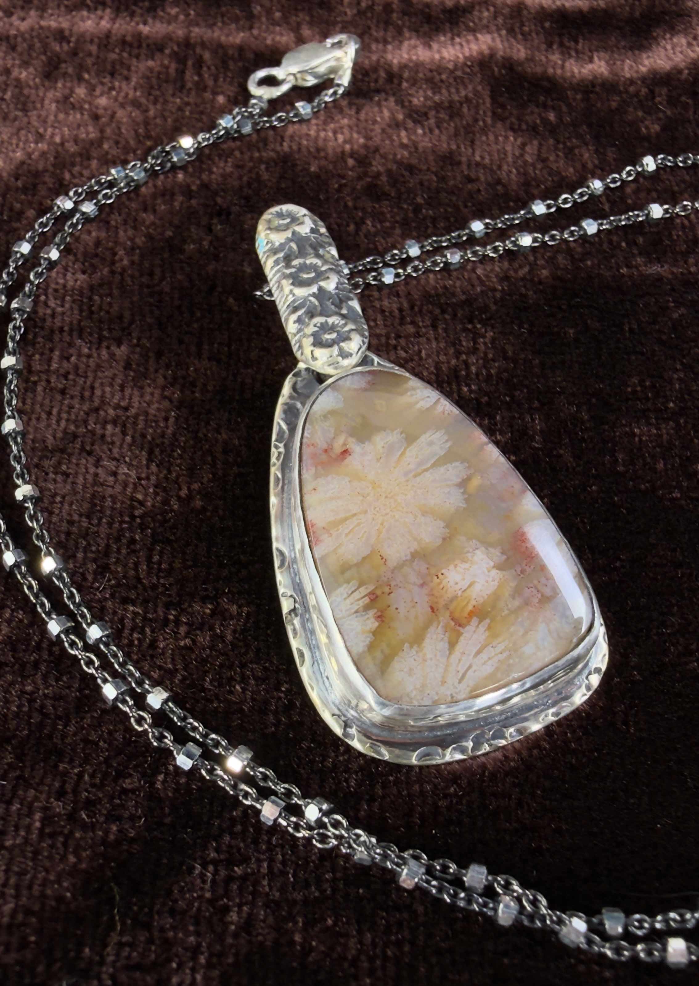 Fossilized Coral Meadow Flowers Pendant on sparkling beaded chain.  Made IN New Hampshire, USA By Wendy Wetherbee