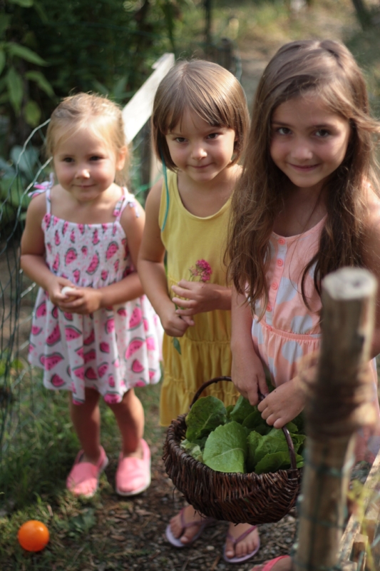 Enjoying auntie Nessa's garden in Italy and gathering salad leaves!