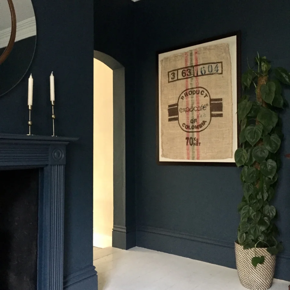 The room looked a million times better with the woodwork matching the walls. Also, if you know me you'll know that carrying huge hessian coffee bean sack back from Colombia was a must. We love coffee in this house!