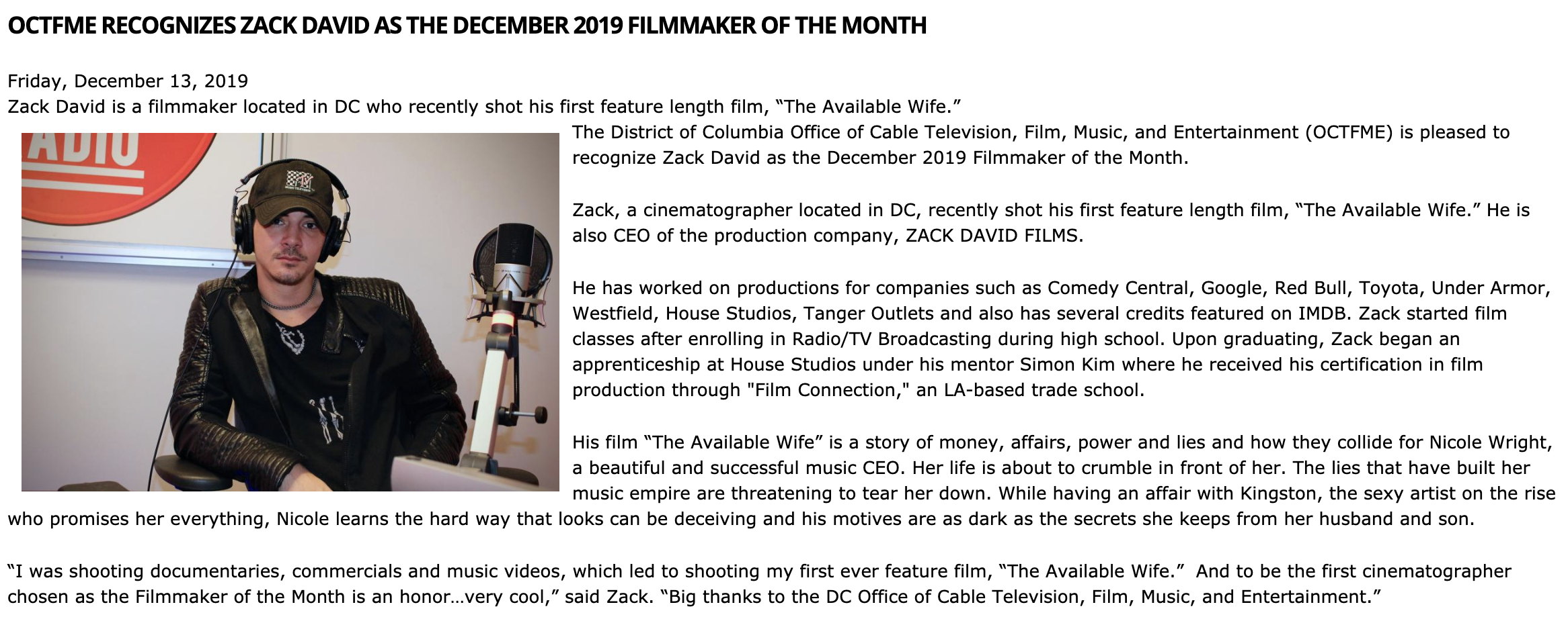 ZACK DAVID™ wins award for FILMMAKER OF THE MONTH at OCTFME