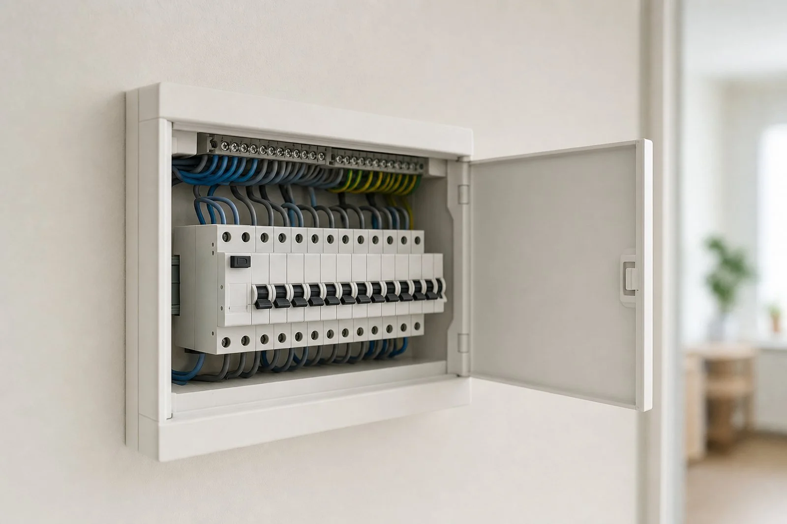 European residential consumer unit with DIN rail circuit breakers and an RCD, cover open