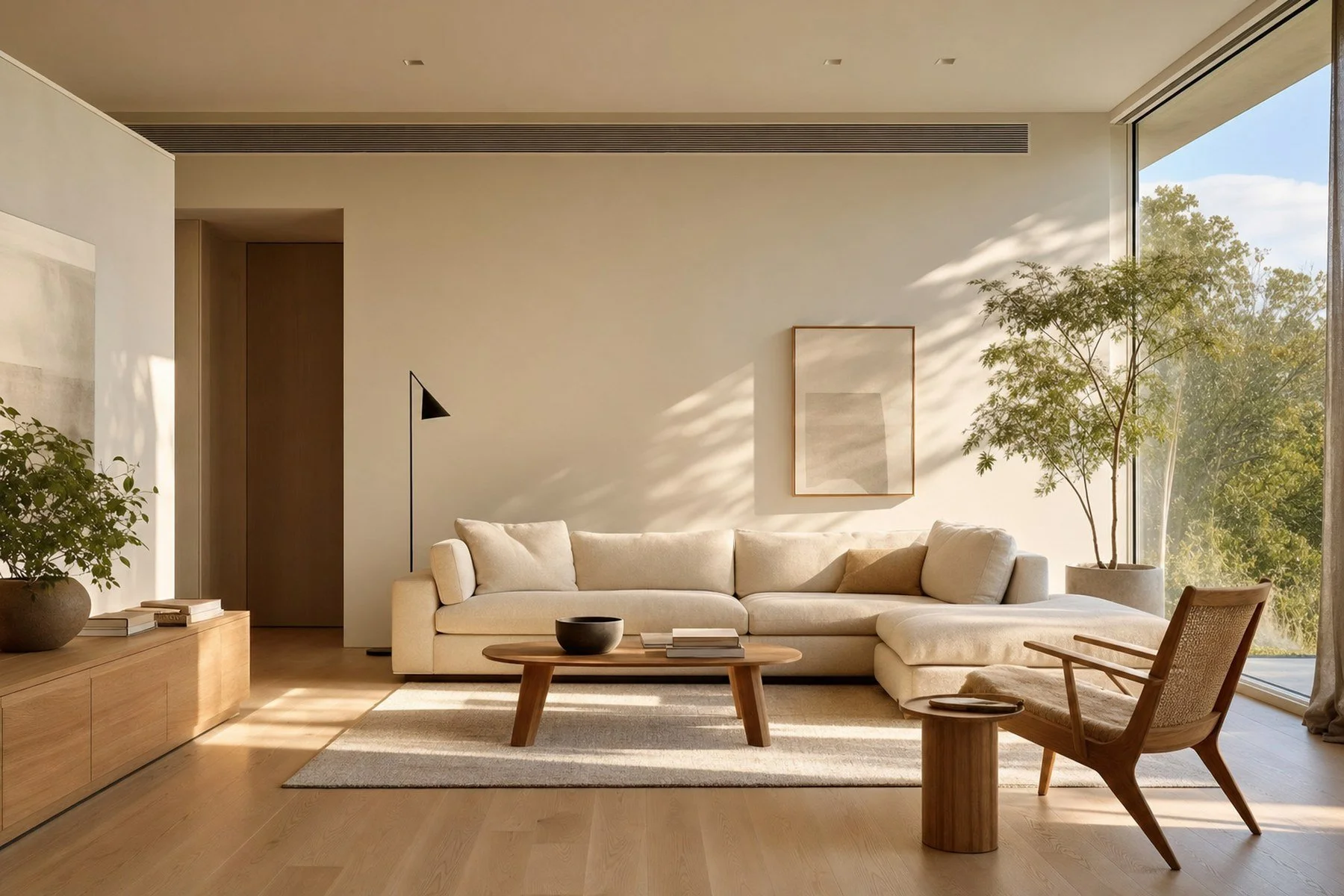 A sunlit living room with a ceiling air supply vent