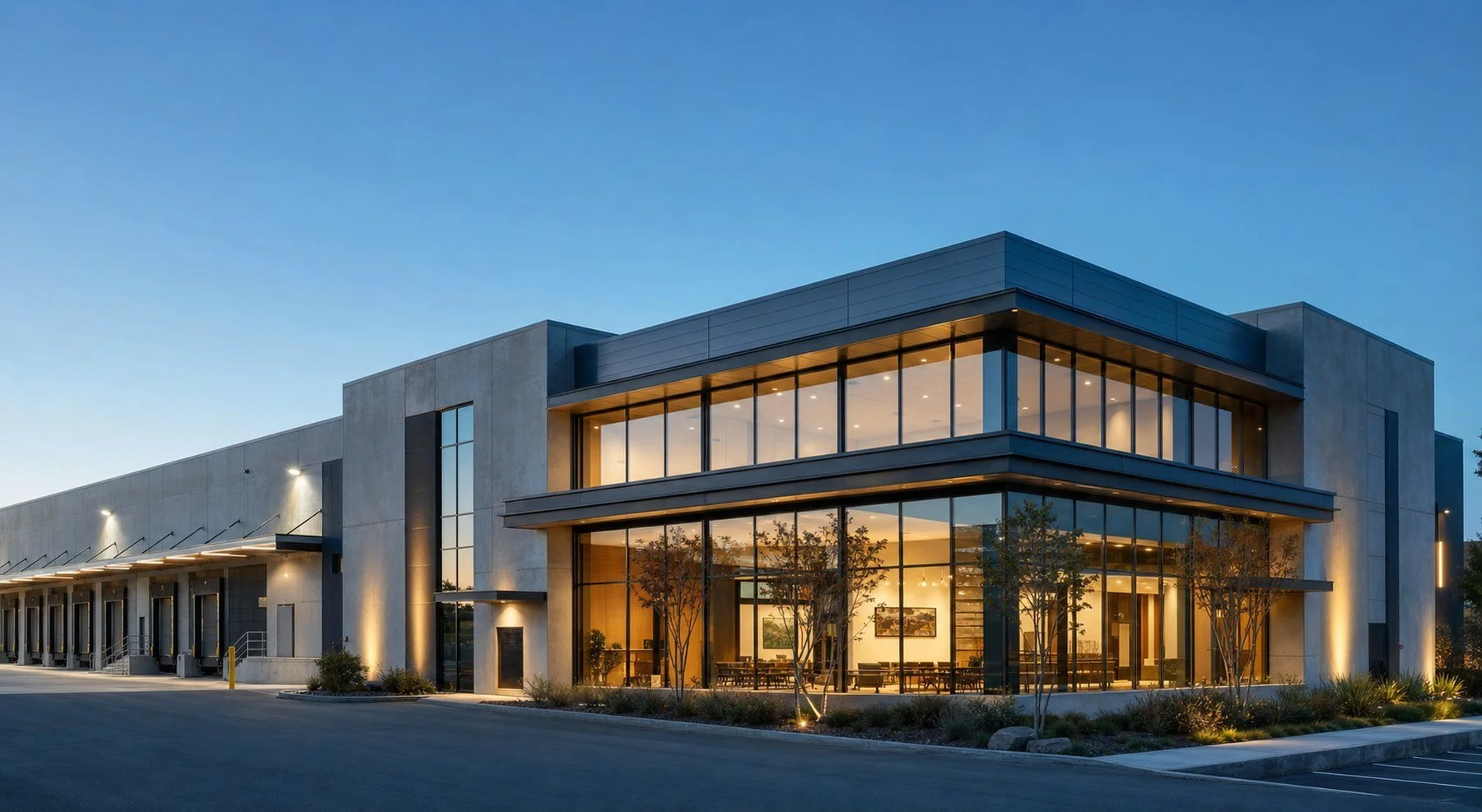 A modern commercial building at dusk