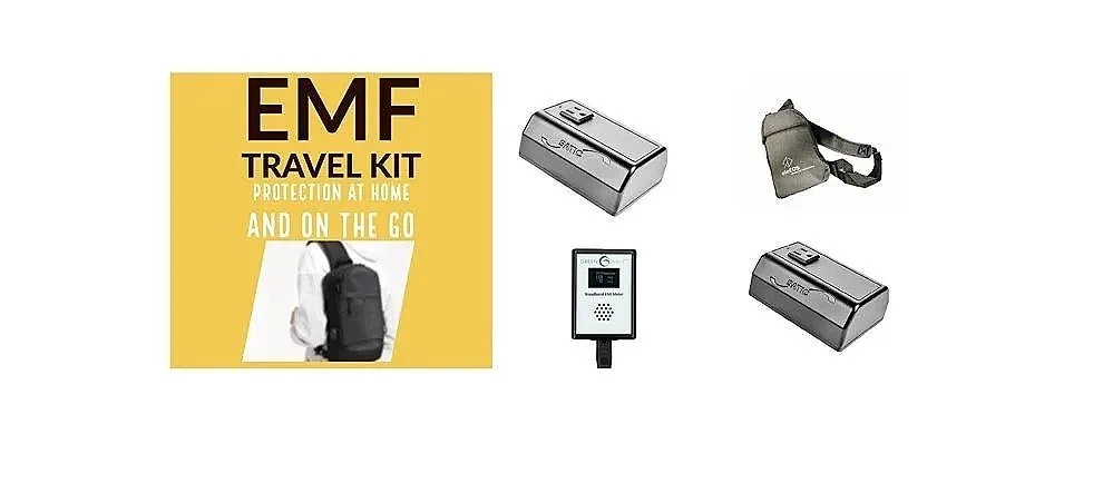 EMF Travel Kit contents: two EMF Eliminators, Greenwave EMI meter, and crossbody travel sling bag