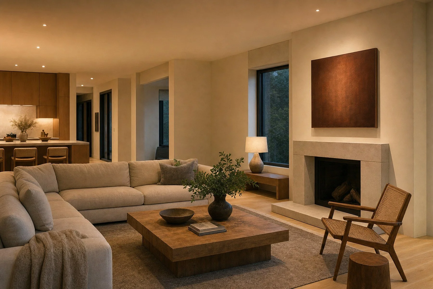 A home living room with warm even ceiling lighting at dusk