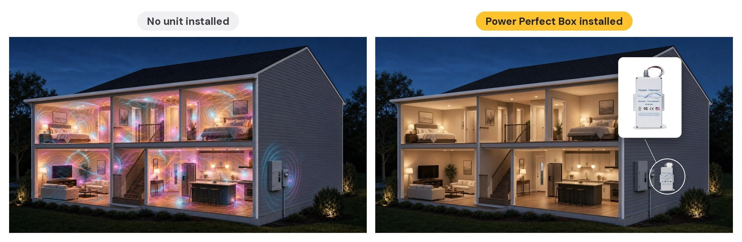 A home with no unit installed beside the same home with a Power Perfect Box installed on the electrical panel
